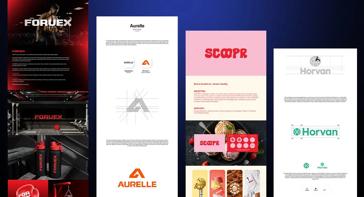 Brand identity boards for Forvex fitness, Aurelle real estate, Scoopr ice cream and Horvan