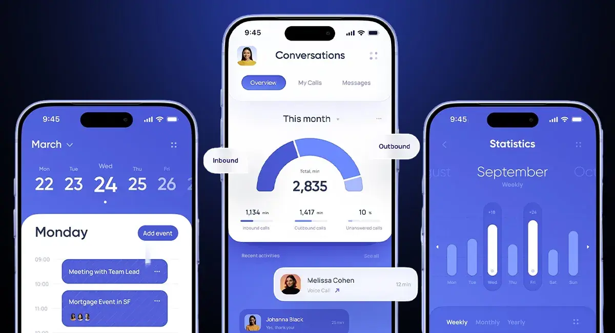 Mobile app UI design: a calendar, a call analytics dashboard and a weekly statistics screen